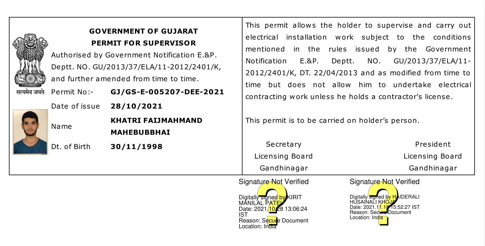 Permit of Electrical Supervisor